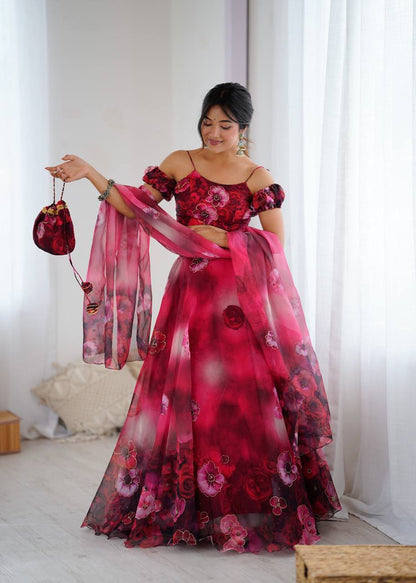 Pink Floral Organza Off Shoulder Lehenga Choli with Dupatta and Potli Bag