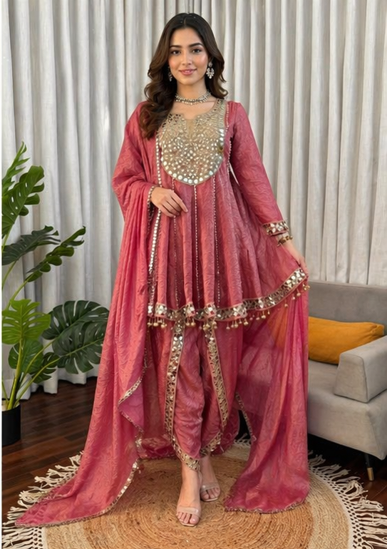 Dusty Rose Gold Crush Dhoti Suit Set with Mirror Work Dupatta