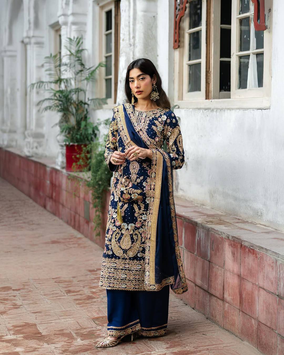 Navy Blue Heavy Embroidered Pakistani Suit with Golden Zari & Sequin Work 2XL