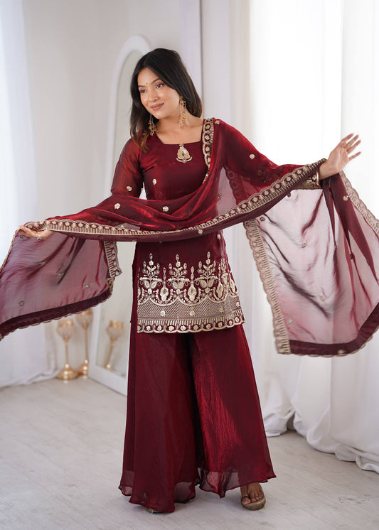 Wine Red Fendy Silk Embroidered Kurti Sharara Palazzo Set with Dupatta