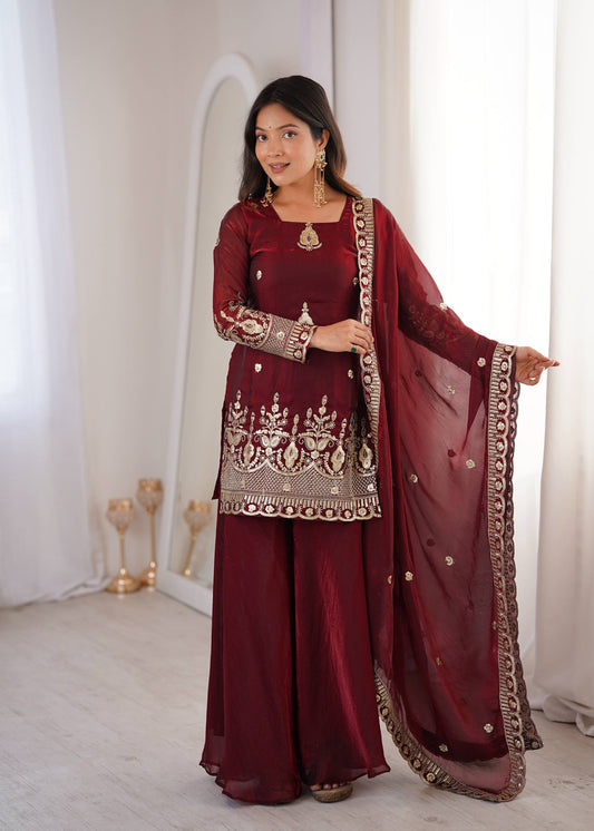 Wine Red Fendy Silk Embroidered Kurti Sharara Palazzo Set with Dupatta