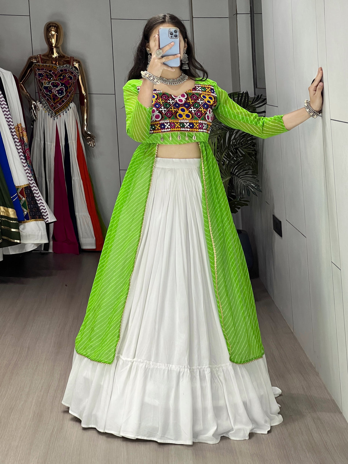 Gujarati Navratri Wine Leheriya Shrug with White Rayon Cotton Frill Lehenga