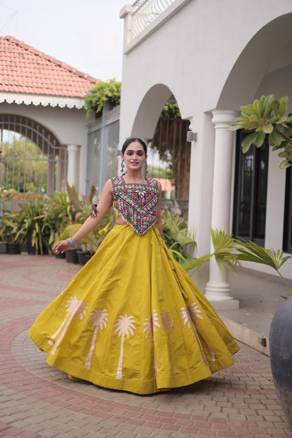 Parrot Green Roman Lehenga with Kutchi Gamthi Embroidered Blouse