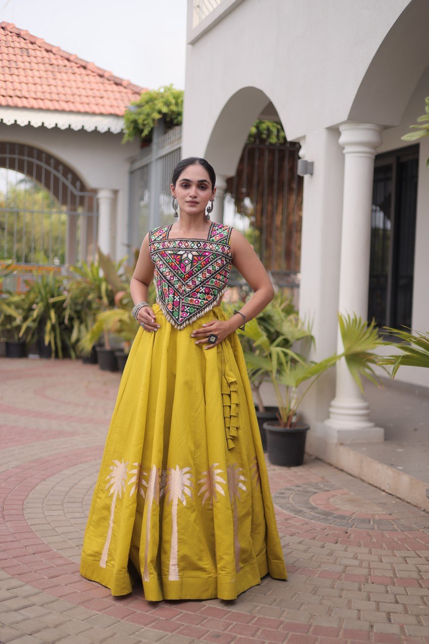 Parrot Green Roman Lehenga with Kutchi Gamthi Embroidered Blouse