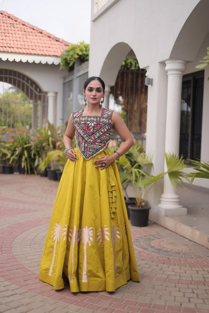 Parrot Green Roman Lehenga with Kutchi Gamthi Embroidered Blouse