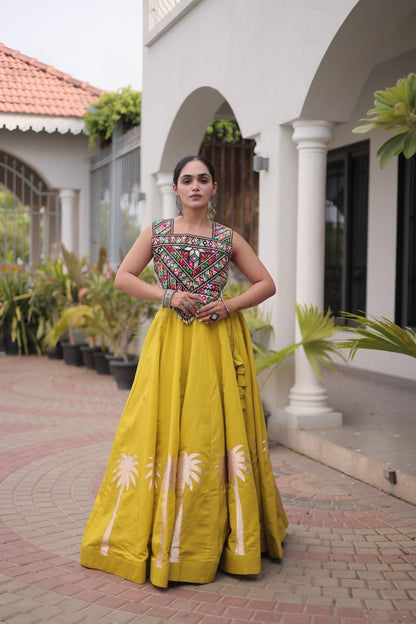 Parrot Green Roman Lehenga with Kutchi Gamthi Embroidered Blouse