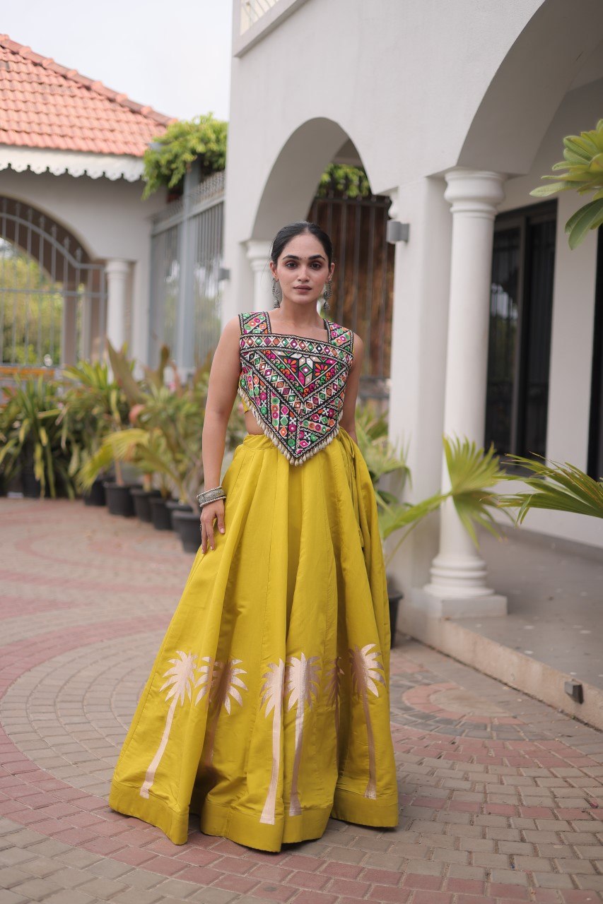 Parrot Green Roman Lehenga with Kutchi Gamthi Embroidered Blouse