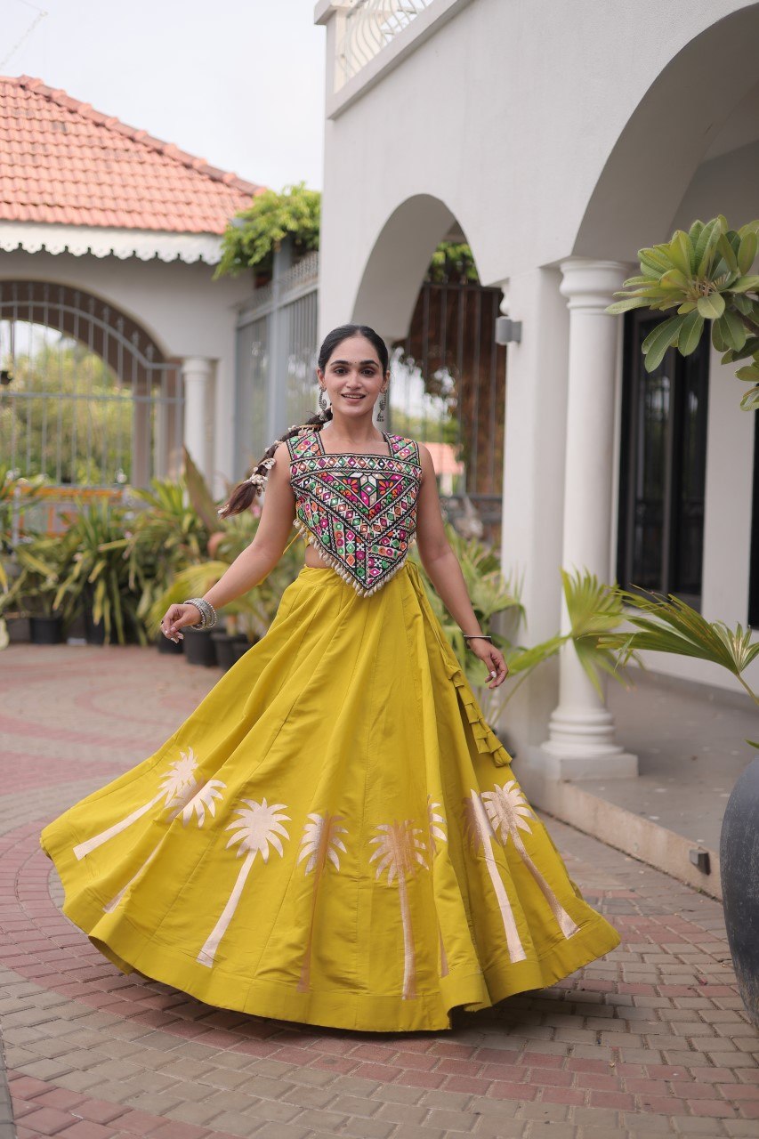 Parrot Green Roman Lehenga with Kutchi Gamthi Embroidered Blouse