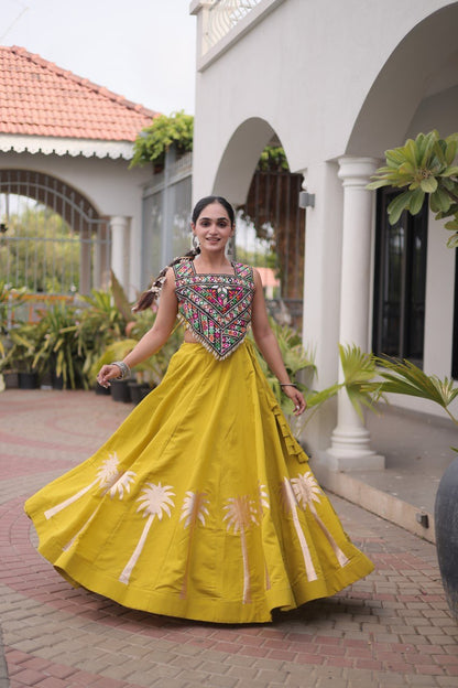 Parrot Green Roman Lehenga with Kutchi Gamthi Embroidered Blouse