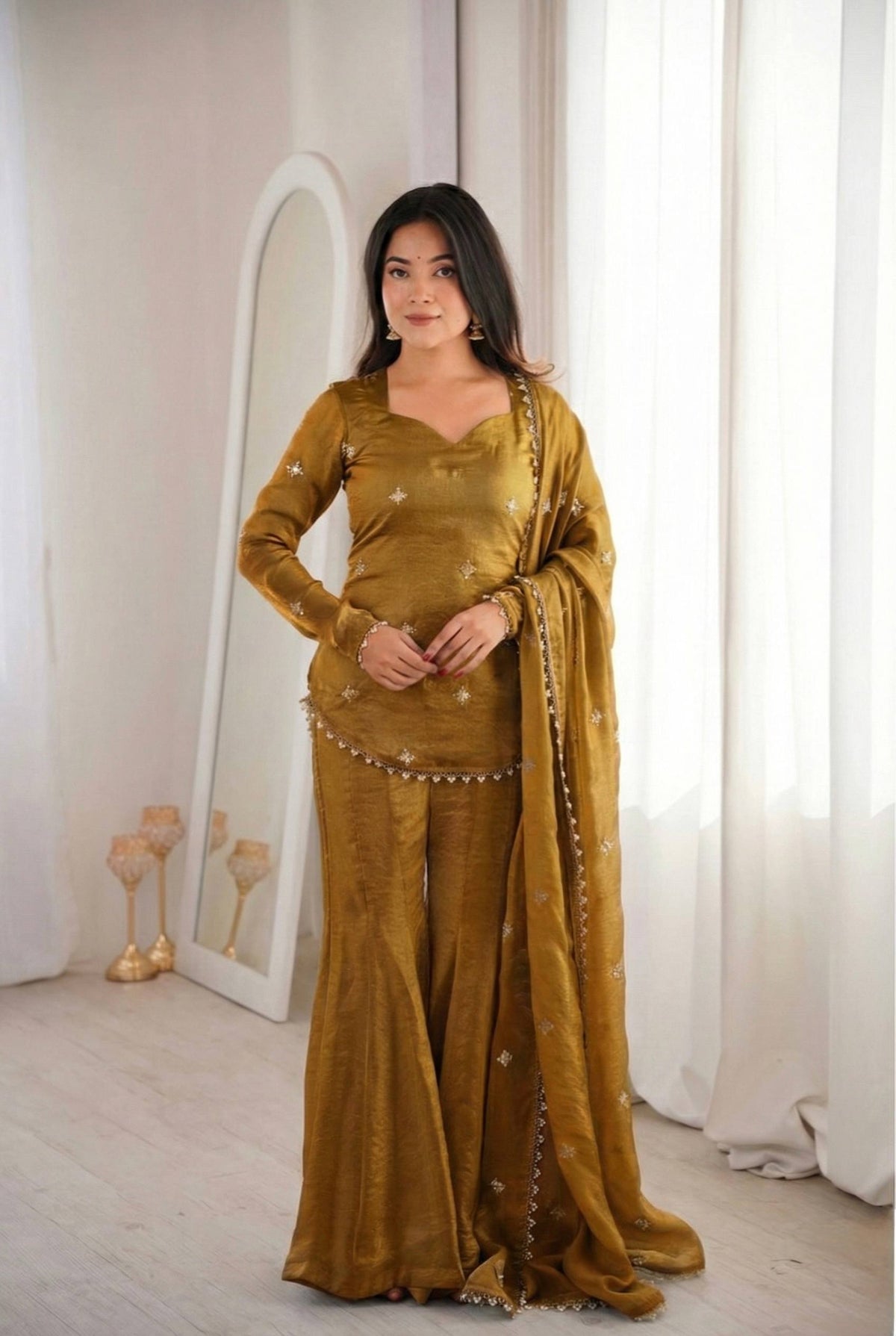 Elegant Teal Green Fendy Silk Sharara Palazzo Set with Embroidered Dupatta