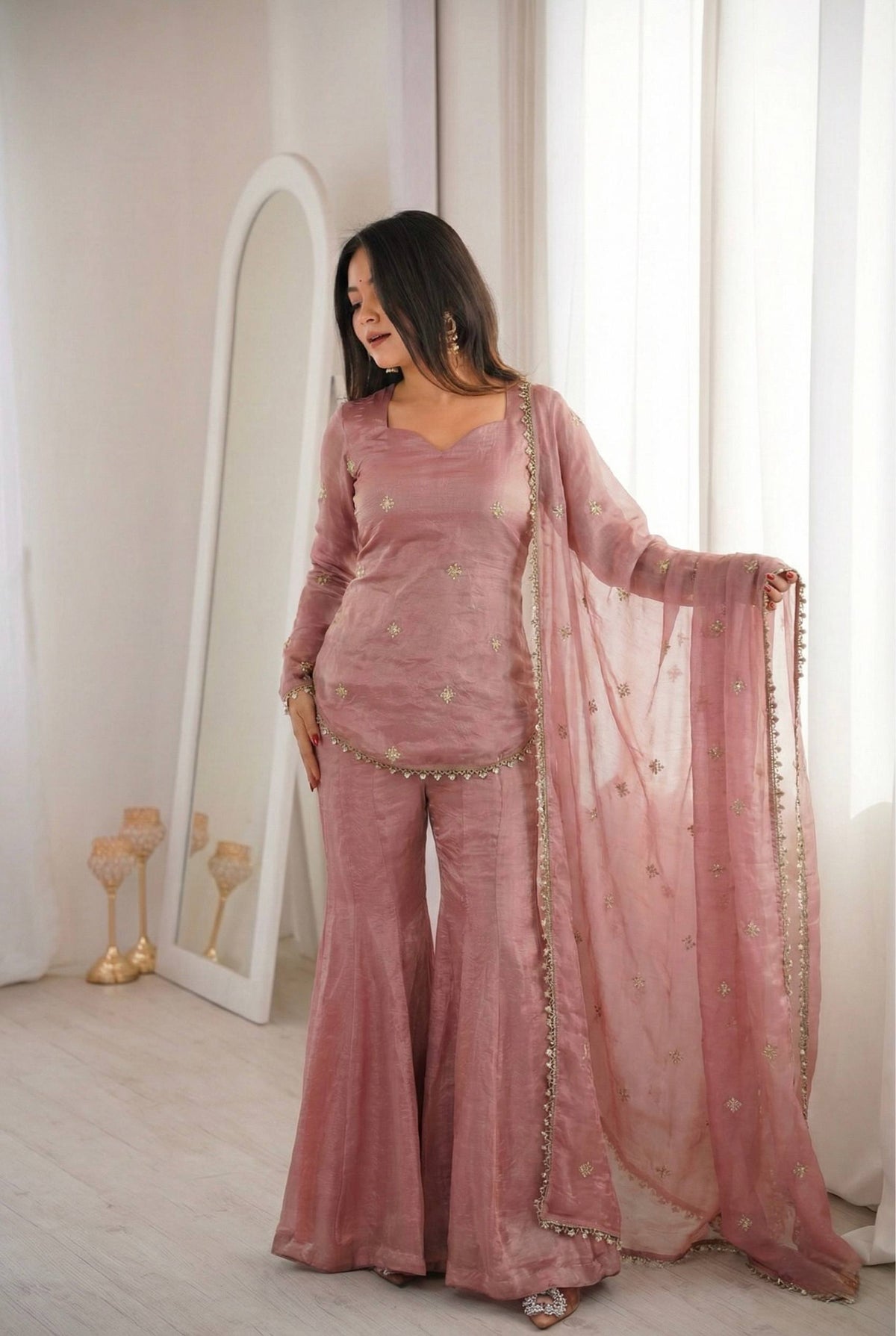 Elegant Teal Green Fendy Silk Sharara Palazzo Set with Embroidered Dupatta