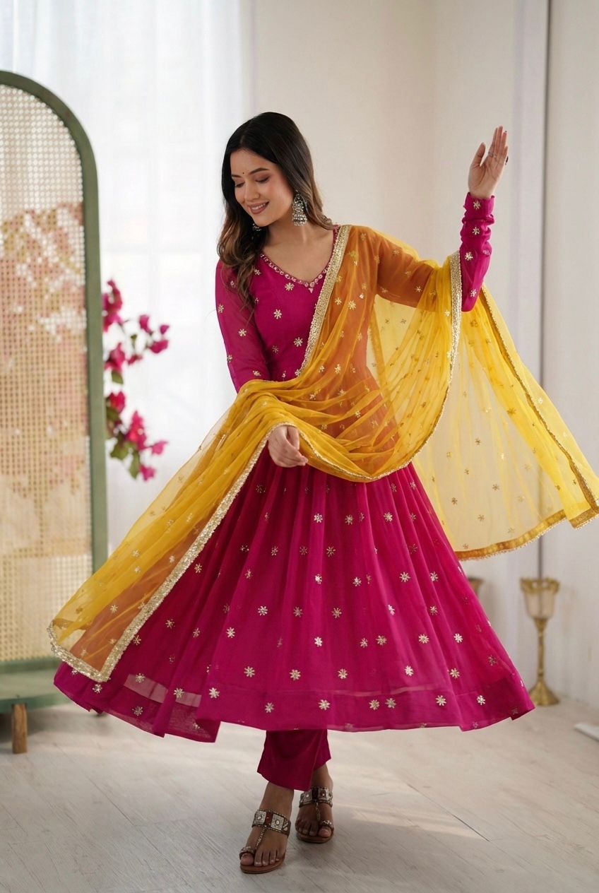 Maroon Georgette Anarkali Gown with Embroidery Work & Dupatta