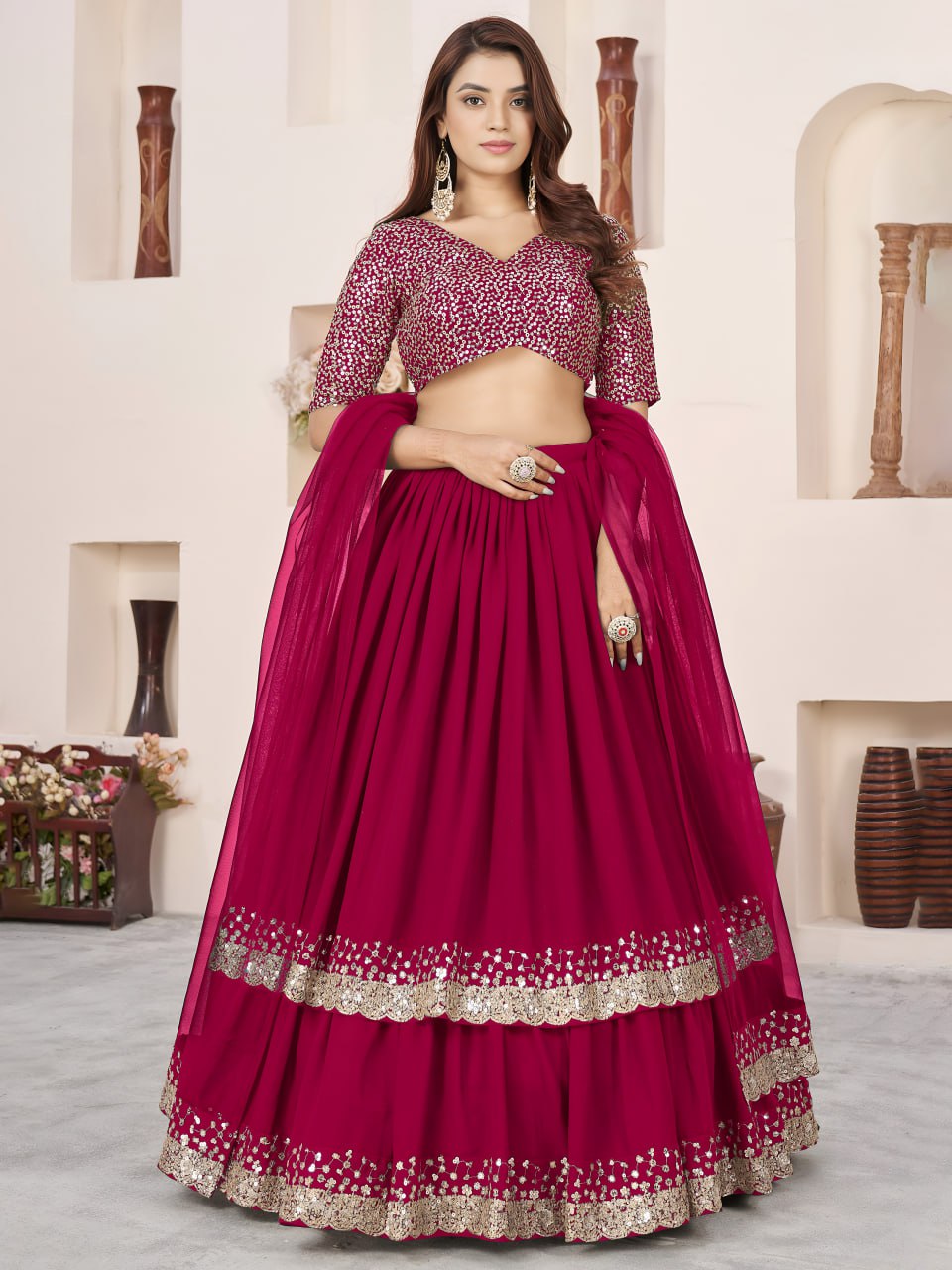 Emerald Green Georgette Lehenga Choli with Zari & Sequin Embroidery