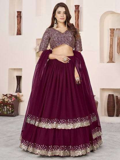 Emerald Green Georgette Lehenga Choli with Zari & Sequin Embroidery