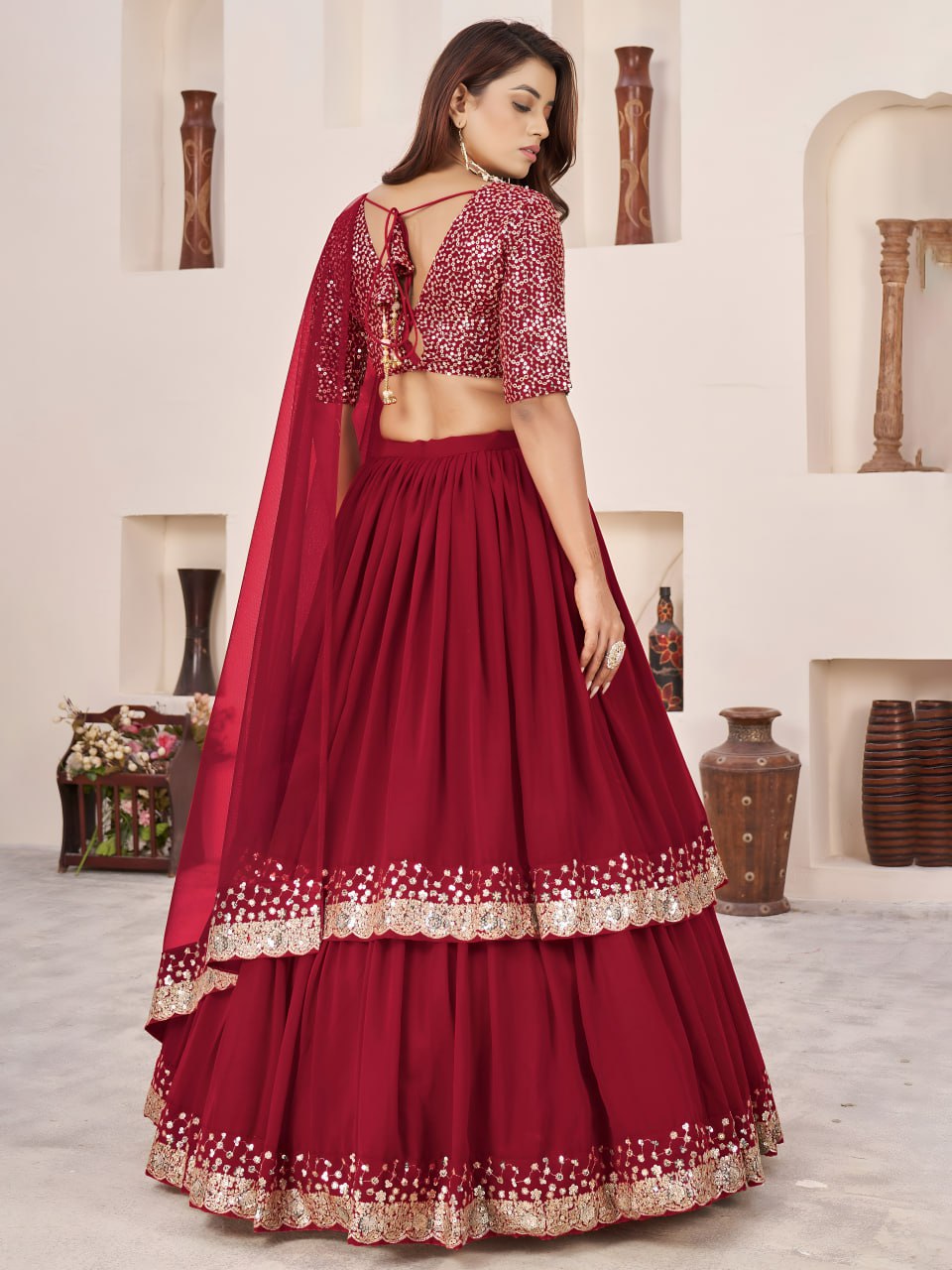 Red Georgette Lehenga Choli with Zari & Sequin Embroidery
