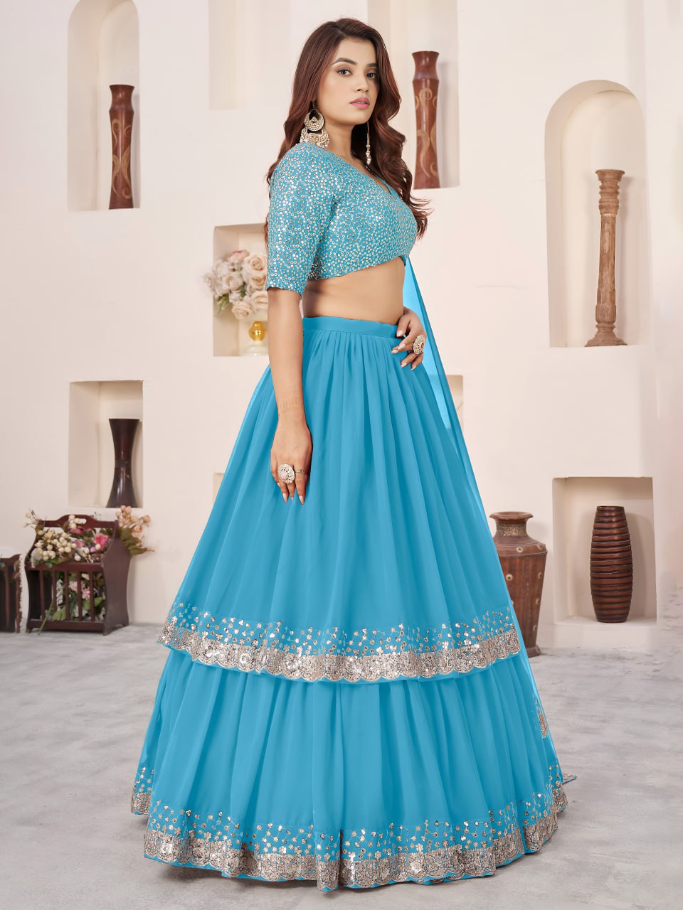 Sky Blue Georgette Lehenga Choli with Zari & Sequin Embroidery