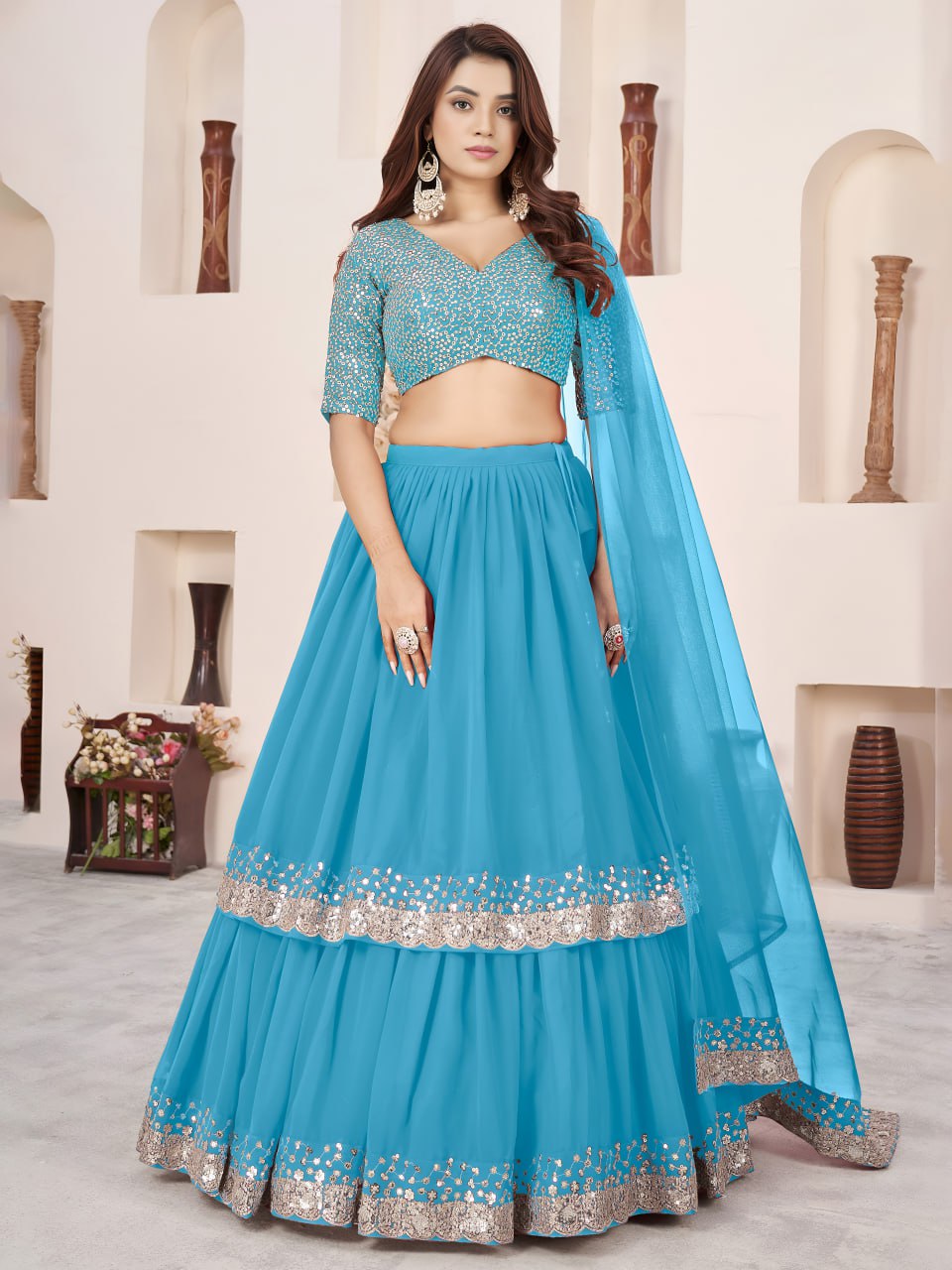 Sky Blue Georgette Lehenga Choli with Zari & Sequin Embroidery