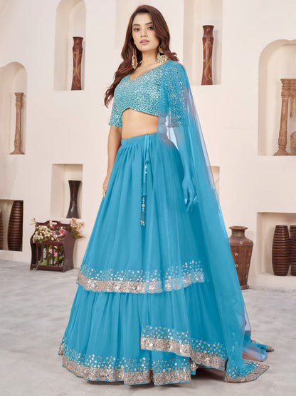 Sky Blue Georgette Lehenga Choli with Zari & Sequin Embroidery