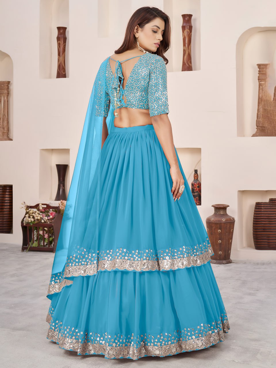 Sky Blue Georgette Lehenga Choli with Zari & Sequin Embroidery