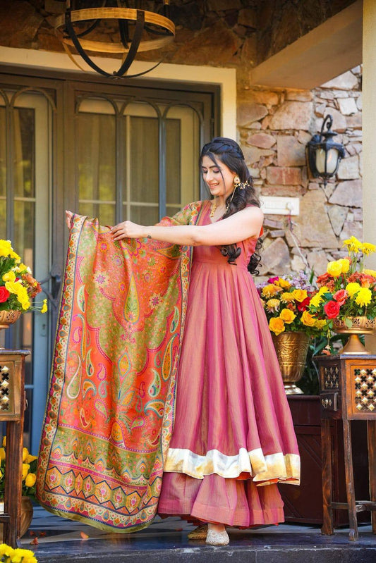 Designer Festive Ethnic Reddish-Purple Anarkali Gown with Printed Dupatta