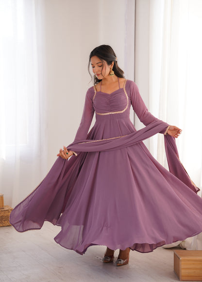 Elegant Mauve Georgette Anarkali Gown with Designer Yoke and Dupatta