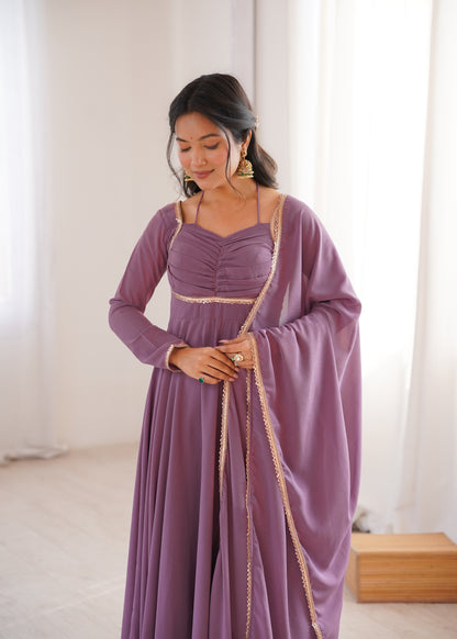 Elegant Mauve Georgette Anarkali Gown with Designer Yoke and Dupatta
