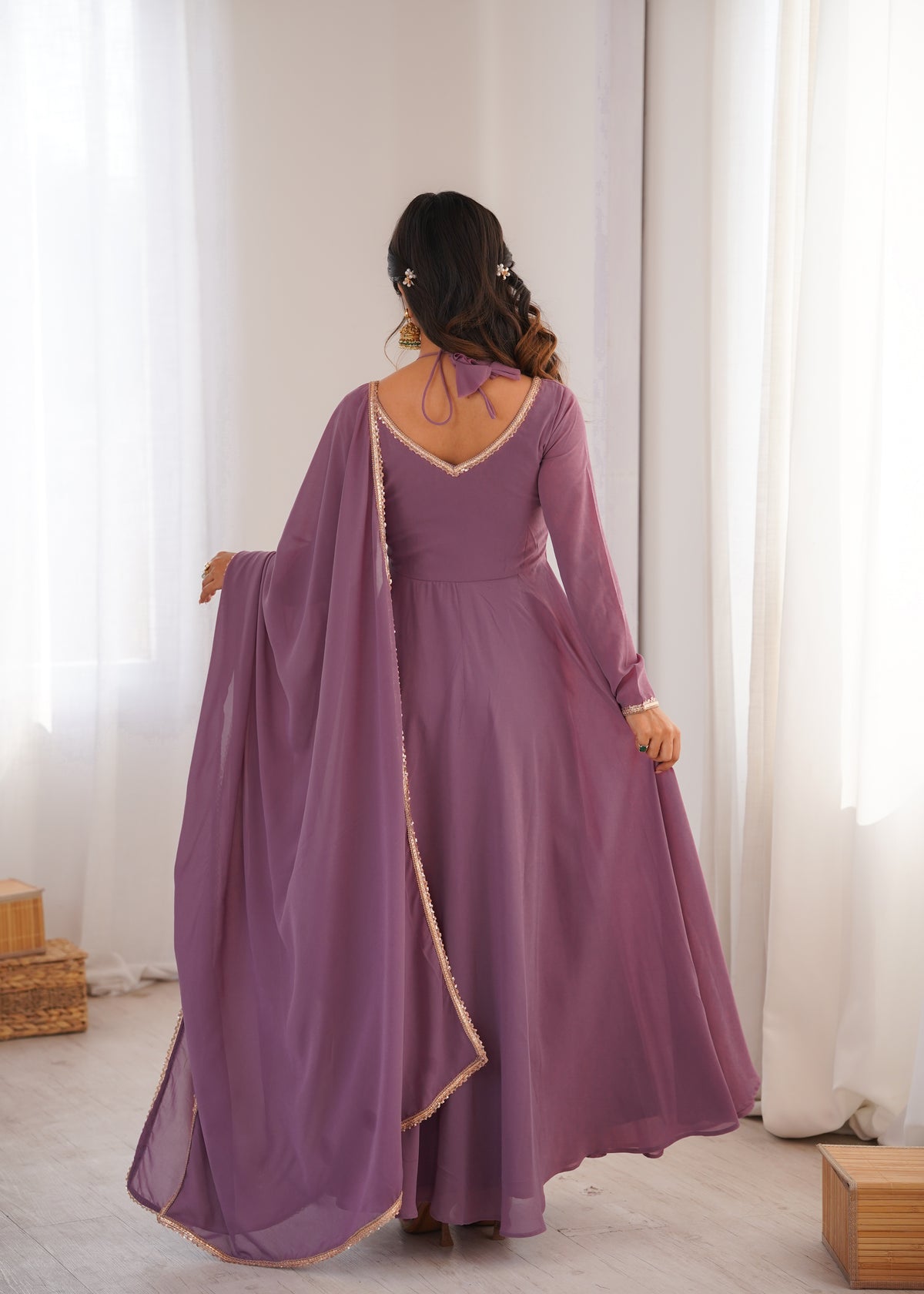 Elegant Mauve Georgette Anarkali Gown with Designer Yoke and Dupatta