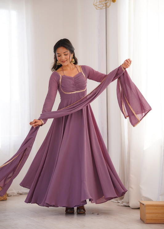 Elegant Mauve Georgette Anarkali Gown with Designer Yoke and Dupatta