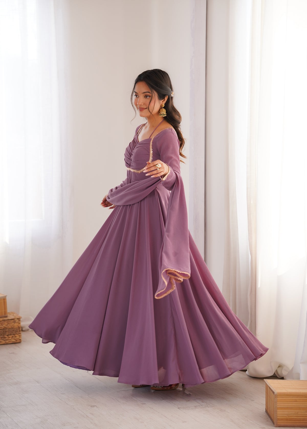 Elegant Mauve Georgette Anarkali Gown with Designer Yoke and Dupatta