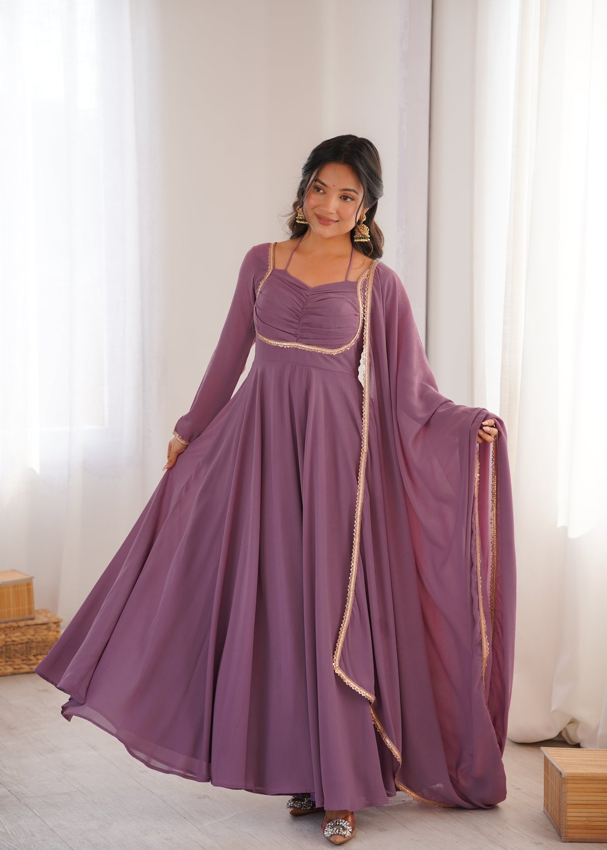 Elegant Mauve Georgette Anarkali Gown with Designer Yoke and Dupatta
