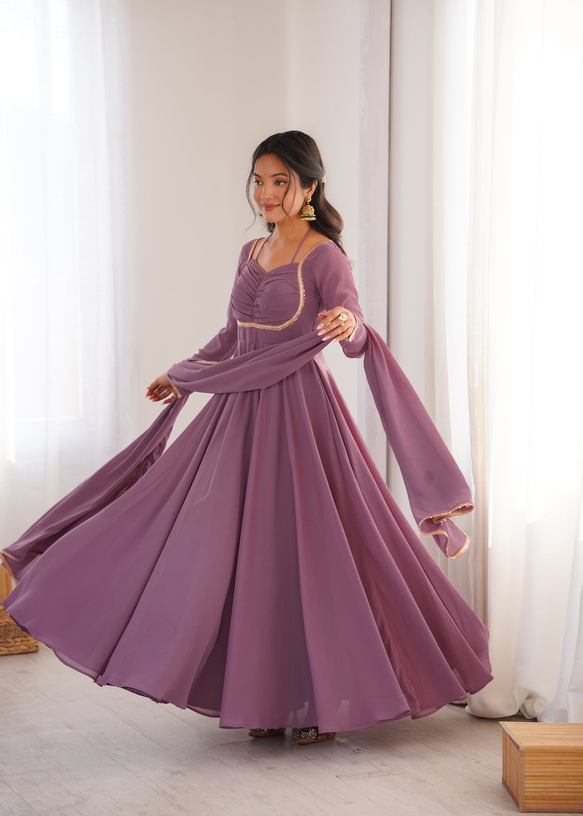 Elegant Mauve Georgette Anarkali Gown with Designer Yoke and Dupatta