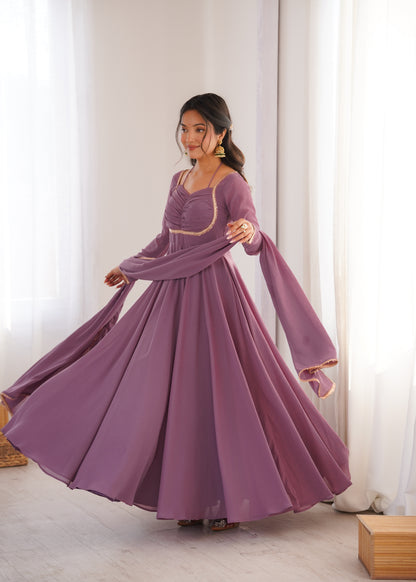 Elegant Mauve Georgette Anarkali Gown with Designer Yoke and Dupatta