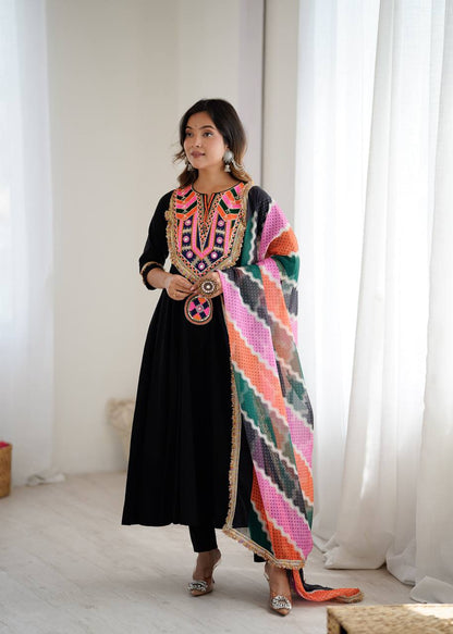 Black Anarkali Suit with Colorful Mirror Embroidery and Multicolor Dupatta