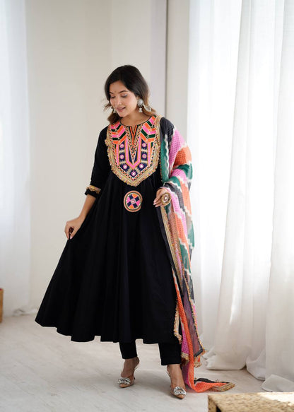 Black Anarkali Suit with Colorful Mirror Embroidery and Multicolor Dupatta