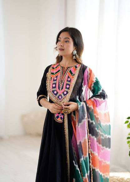Black Anarkali Suit with Colorful Mirror Embroidery and Multicolor Dupatta