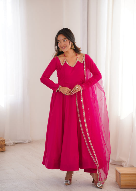 Hot Pink Roman Silk Chanderi Anarkali Gown with Net Dupatta & Mirror Lace