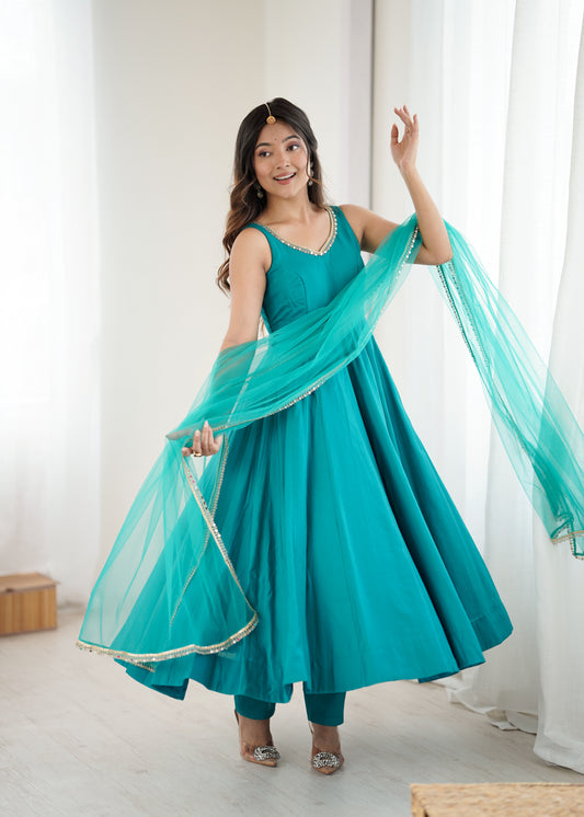 Turquoise Roman silk Anarkali Gown with Net Dupatta