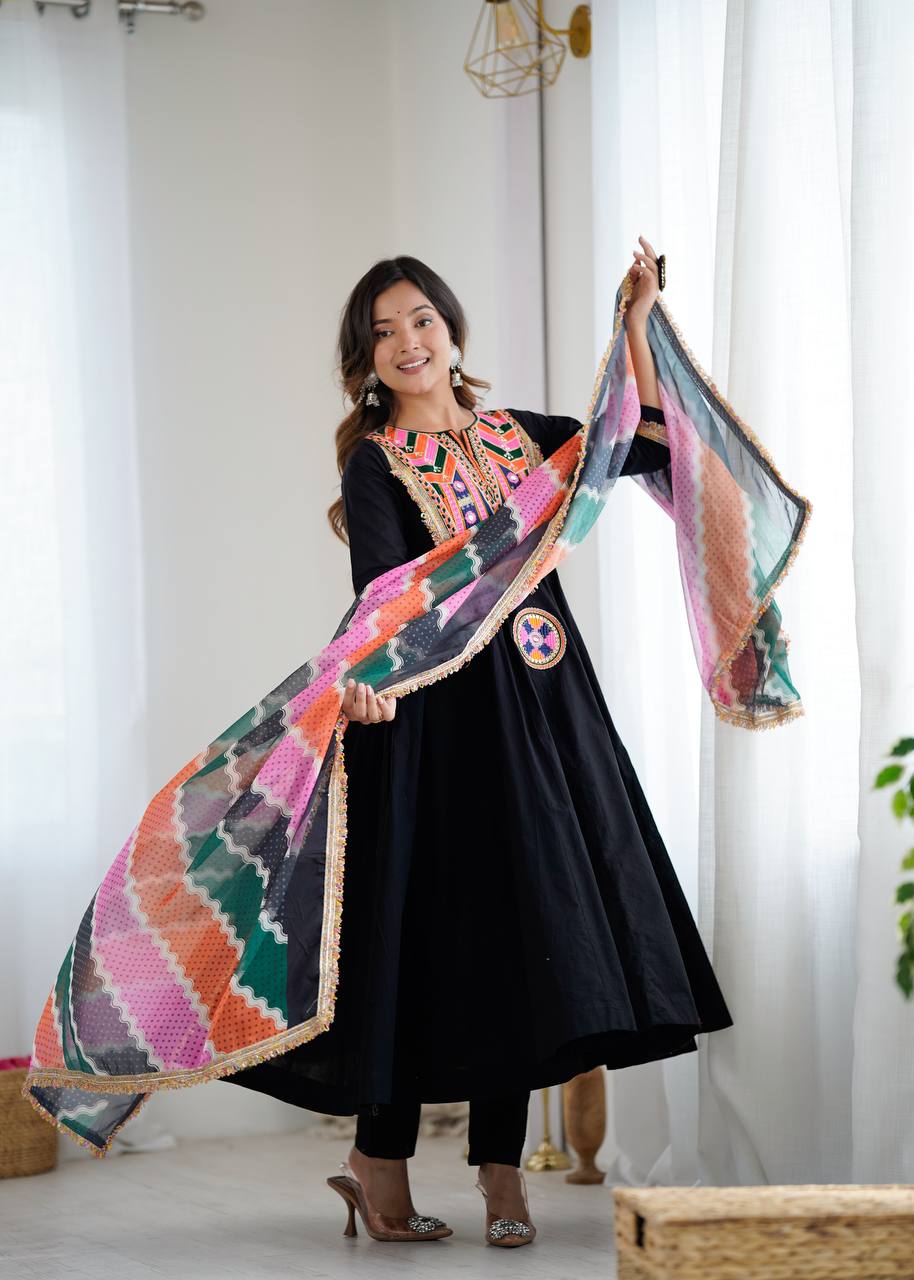 Black Anarkali Suit with Colorful Mirror Embroidery and Multicolor Dupatta