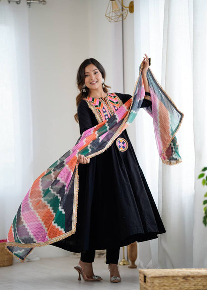 Black Anarkali Suit with Colorful Mirror Embroidery and Multicolor Dupatta