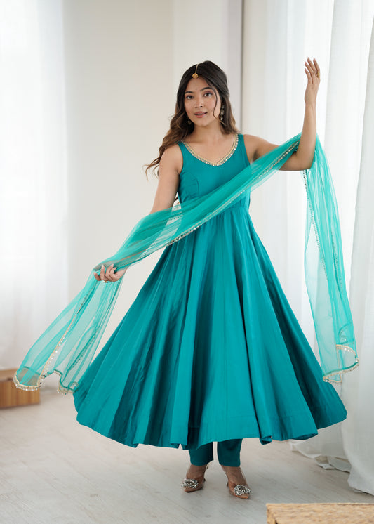 Turquoise Roman silk Anarkali Gown with Net Dupatta
