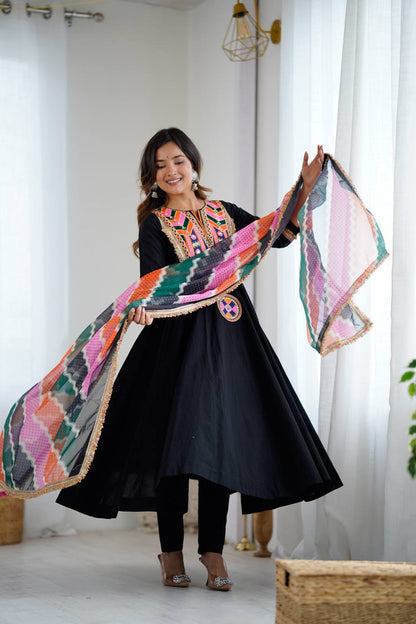 Black Anarkali Suit with Colorful Mirror Embroidery and Multicolor Dupatta