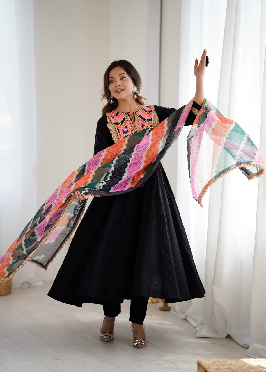 Black Anarkali Suit with Colorful Mirror Embroidery and Multicolor Dupatta