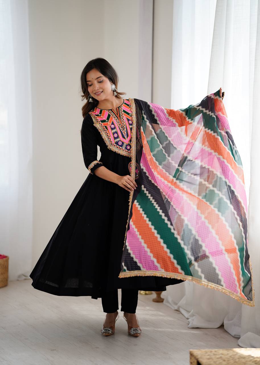 Black Anarkali Suit with Colorful Mirror Embroidery and Multicolor Dupatta