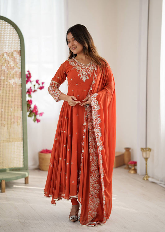Elegant Long Flared Orange Anarkali Suit with Embroidery & Dupatta