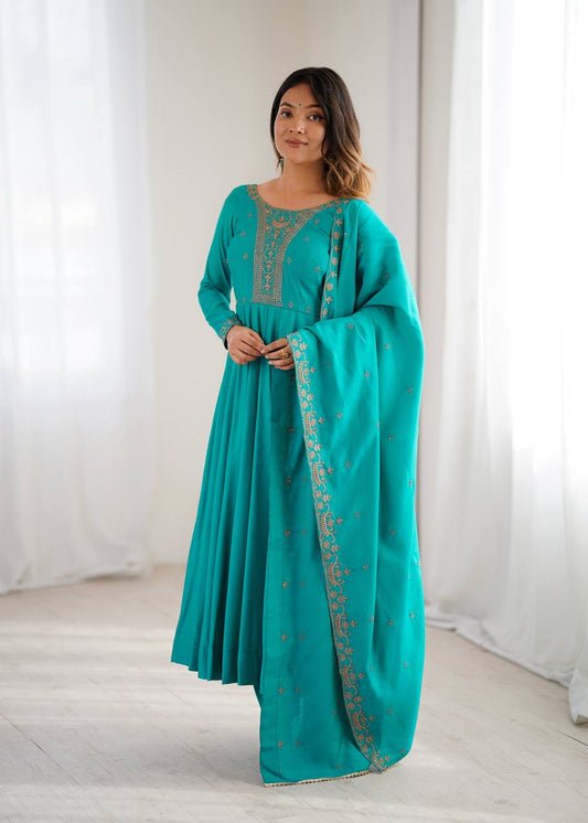 Designer Teal Chanderi Silk Anarkali Gown Set with Intricate Embroidery & Matching Dupatta