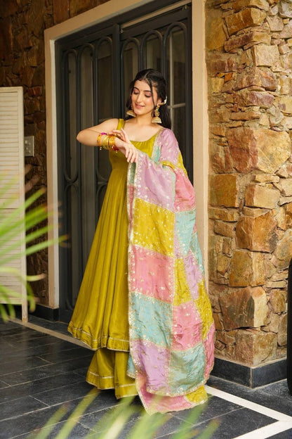 Elegant Chinnon Silk Anarkali Set for Festive Wear