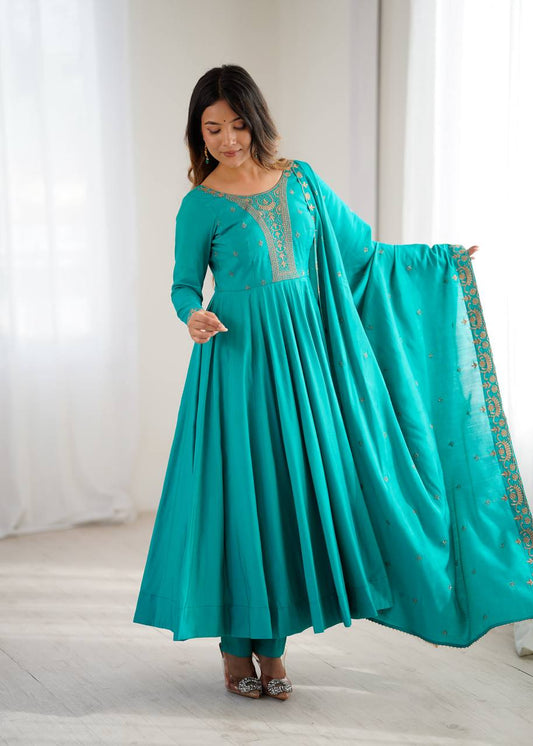 Designer Teal Chanderi Silk Anarkali Gown Set with Intricate Embroidery & Matching Dupatta