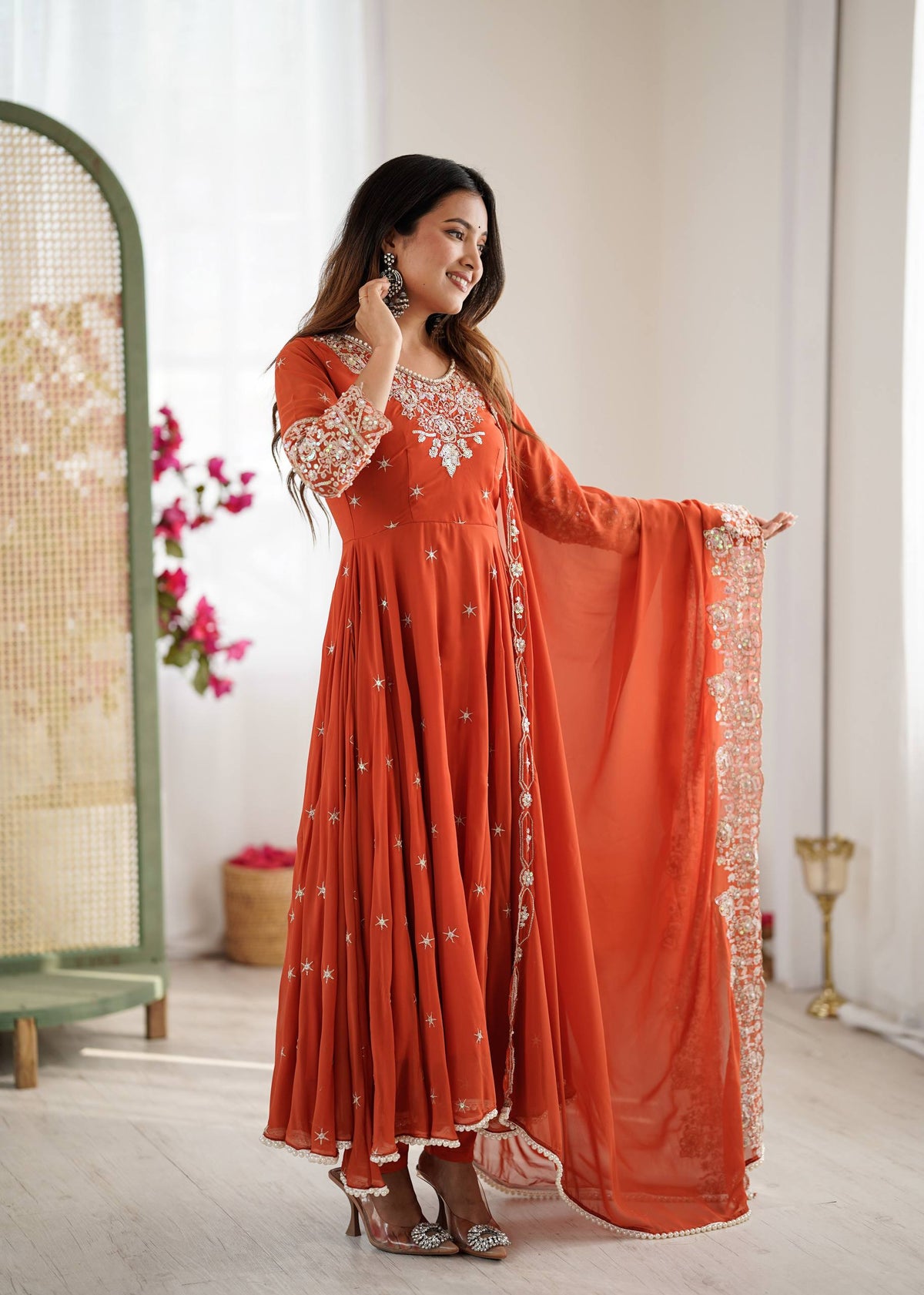Elegant Long Flared Orange Anarkali Suit with Embroidery & Dupatta