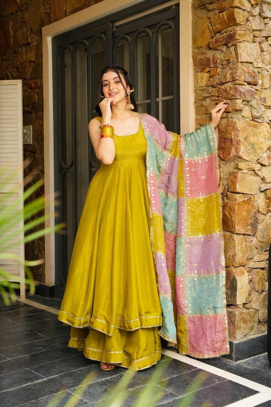 Elegant Chinnon Silk Anarkali Set for Festive Wear
