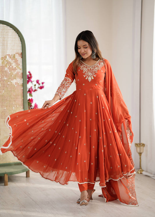 Elegant Long Flared Orange Anarkali Suit with Embroidery & Dupatta